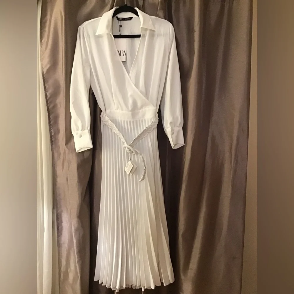 Zara white wrapped belted pleated gorgeous midi dress - Picture 3 of 4